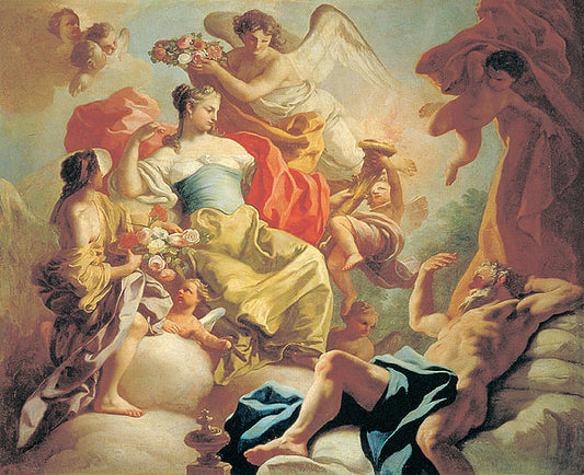 Aurora, Goddess of the Morning and Tithonus, Prince of Troy, vintage artwork by Francesco de Mura, 12x8" (A4) Poster