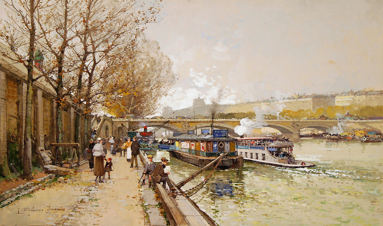 Along the Seine River, vintage artwork by Eugene Galien-Laloue, 12x8" (A4) Poster