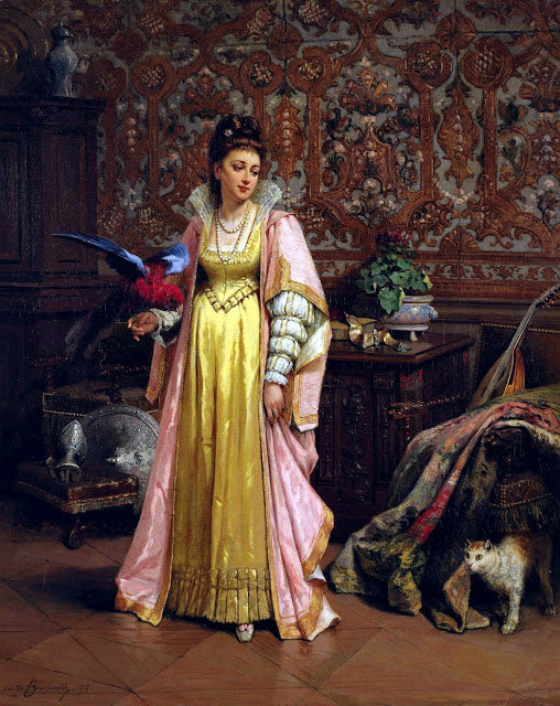 Her pet parakeet, vintage artwork by Adrien De Boucherville, 12x8" (A4) Poster