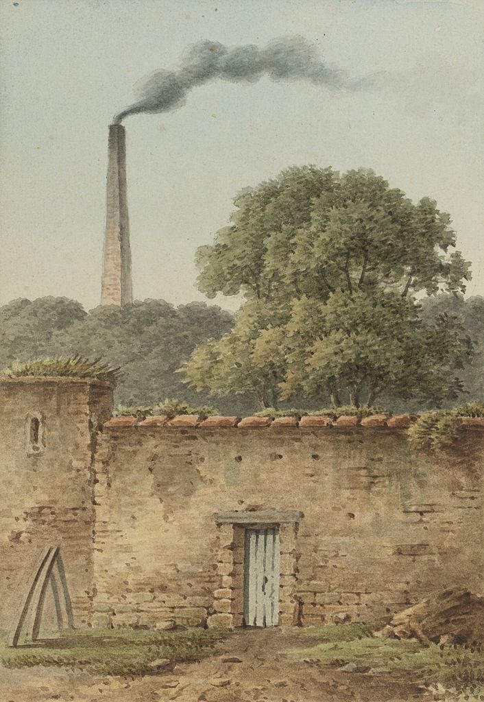 Wall with distant smokestack, vintage artwork by Jean-Joseph-Xavier Bidauld, 12x8" (A4) Poster