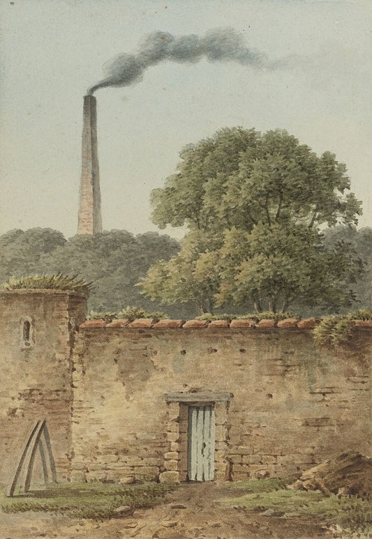 Wall with distant smokestack, vintage artwork by Jean-Joseph-Xavier Bidauld, 12x8" (A4) Poster