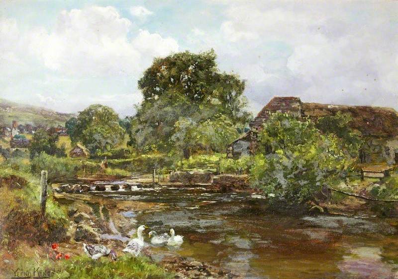 Chagford Mill, the River Teign with Stepping Stones and Ducks, vintage artwork by Henry John Yeend King, 12x8" (A4) Poster