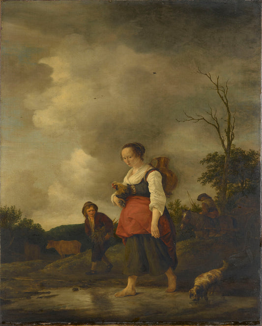 A Girl Crossing a Brook, vintage artwork by Attributed to Isaac van Ostade, 12x8" (A4) Poster