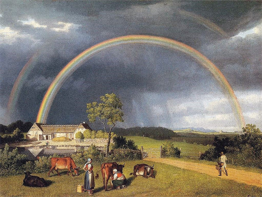 Rainbow above a Farm in the Village of Spejlsby  on Møn, vintage artwork by Christoffer Wilhelm Eckersberg, 12x8" (A4) Poster
