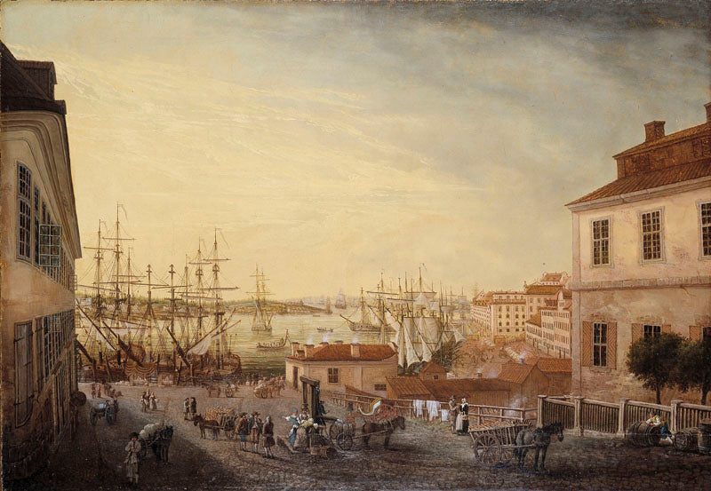 Views of the Harbor, Stockholm, vintage artwork by Johan Sevenbom, 12x8" (A4) Poster