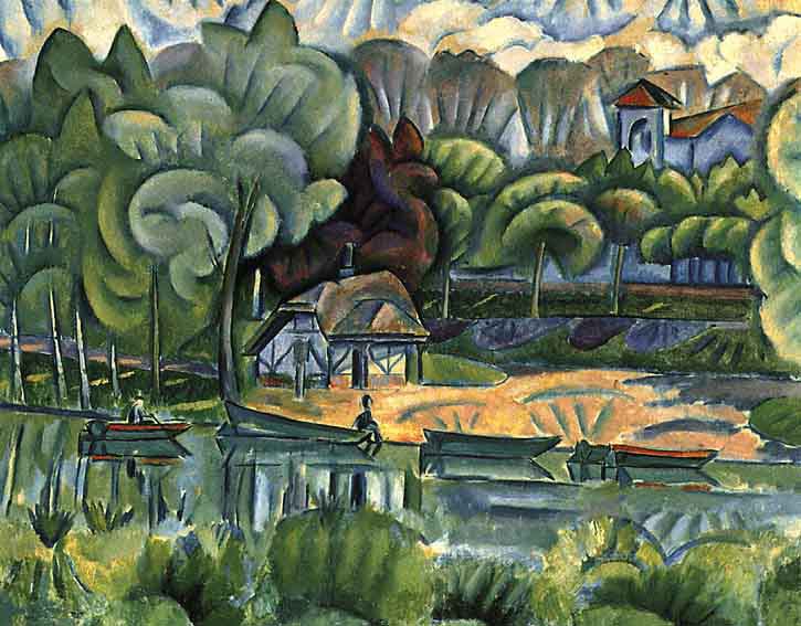 Houses on the Riverbank, vintage artwork by Vladimir Baranoff-Rossine, 12x8" (A4) Poster