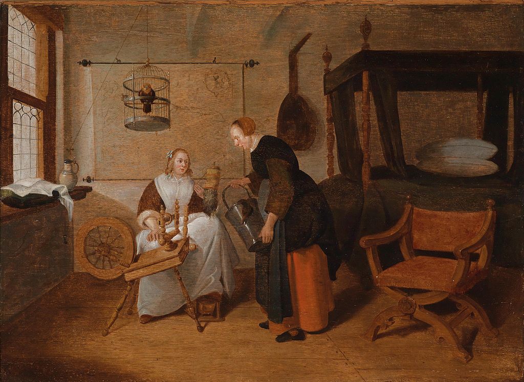 Domestic Scene with Two Women, vintage artwork by Quiringh van Brekelenkam, 12x8" (A4) Poster
