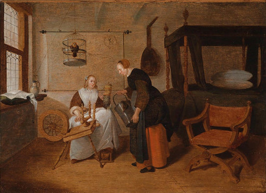 Domestic Scene with Two Women, vintage artwork by Quiringh van Brekelenkam, 12x8" (A4) Poster