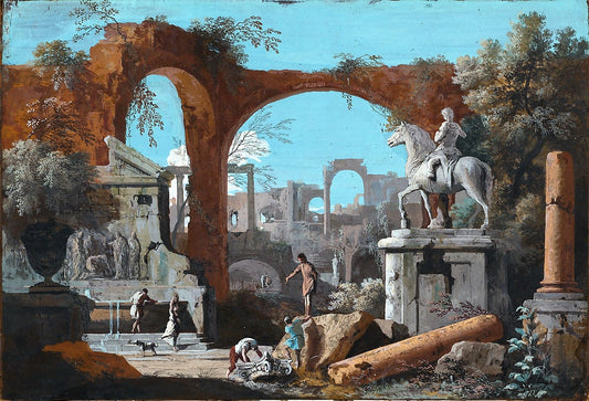 A Capriccio of Roman Ruins, vintage artwork by Marco Ricci, 12x8" (A4) Poster