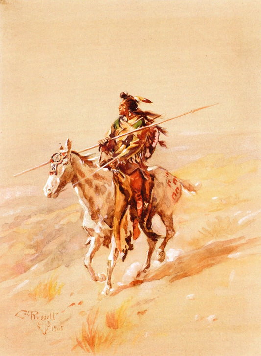 A Crow Chief on Horseback, vintage artwork by Charles Marion Russell, 12x8" (A4) Poster