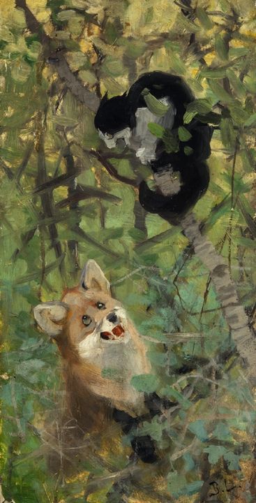 Cat and Fox by Bruno Liljefors,A3(16x12")Poster