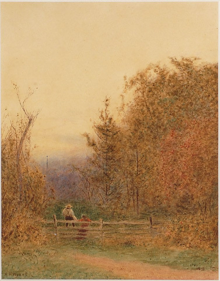 Two figures leaning against a split-rail fence, vintage artwork by Alexander Helwig Wyant, 12x8" (A4) Poster