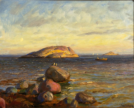 Coastal Landscape with Birds and Boats, vintage artwork by Thorolf Holmboe, 12x8" (A4) Poster