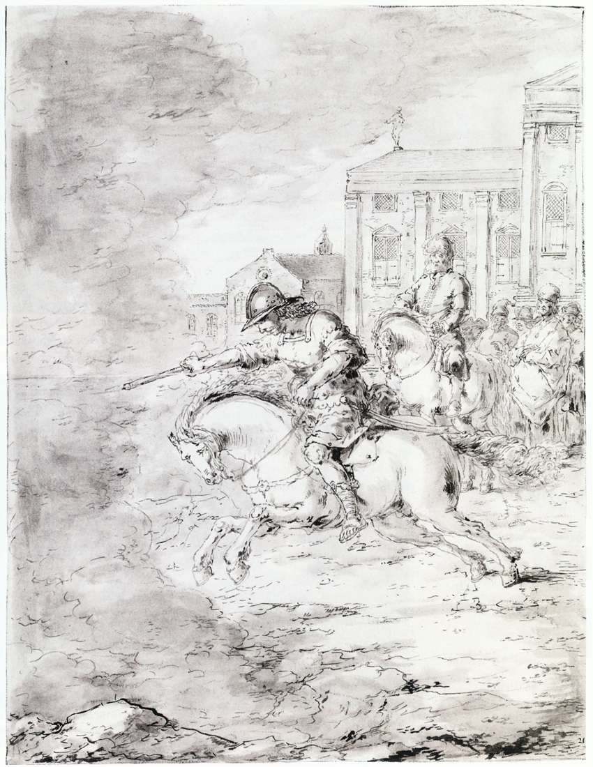 Marcus Curtius Leaping into the Aby ss on His Horse, vintage artwork by Leonaert Bramer, 12x8" (A4) Poster
