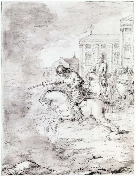 Marcus Curtius Leaping into the Aby ss on His Horse, vintage artwork by Leonaert Bramer, 12x8" (A4) Poster
