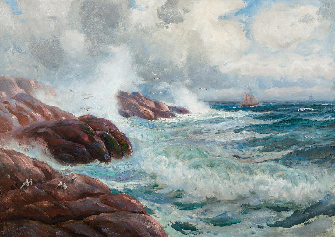 Coastal Landscape with Sailing Boats and Seabirds, vintage artwork by Thorolf Holmboe, 12x8" (A4) Poster