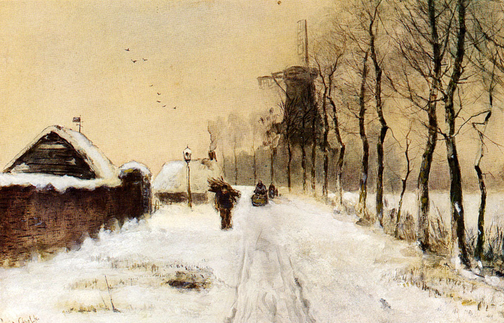 Wood Gatherers on a Country Lane in Winter, vintage artwork by Louis Apol, 12x8" (A4) Poster