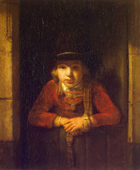 Boy Looking through the Window, vintage artwork by Samuel van Hoogstraeten, 12x8" (A4) Poster