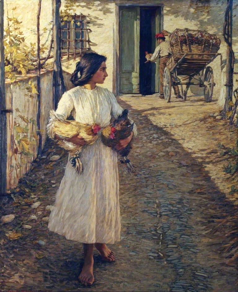 Selling Chickens in Liguria, vintage artwork by Henry Herbert la Thangue, 12x8" (A4) Poster