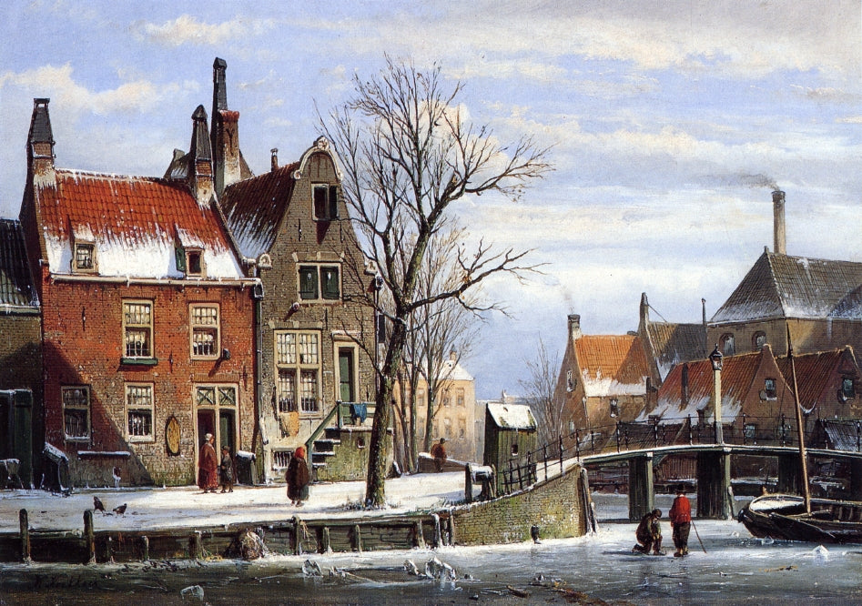 A View in a Town in Winter with Skaters on a Frozen Canal, vintage artwork by Willem Koekkoek, 12x8" (A4) Poster
