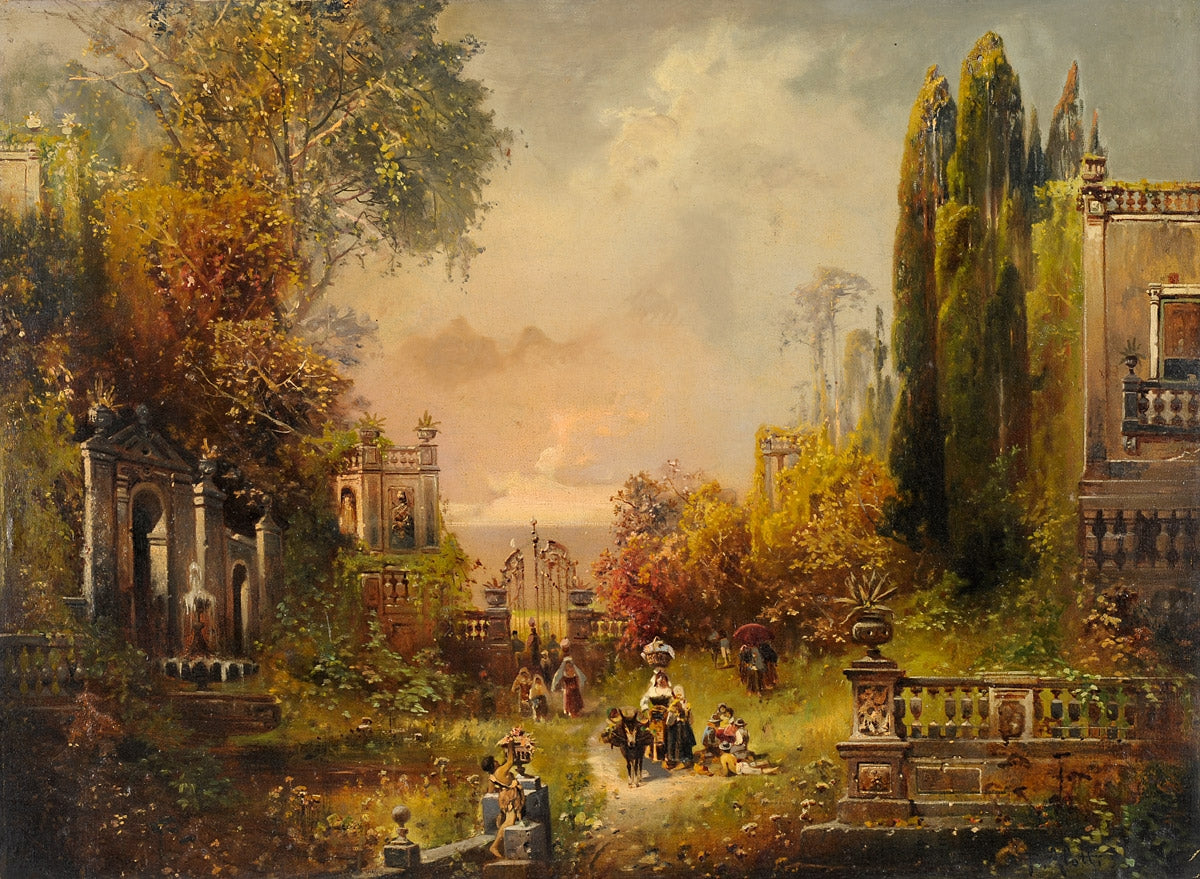 Country Folk in a Palace Garden, vintage artwork by Robert Alott, 12x8" (A4) Poster