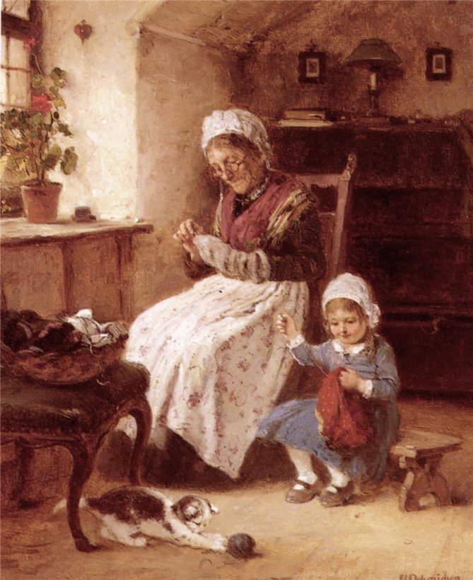 The Sewing Lesson, vintage artwork by Hugo Oehmichen, 12x8" (A4) Poster