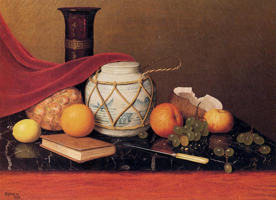 Still Life with Ginger Jar, vintage artwork by William Michael Harnett, 12x8" (A4) Poster