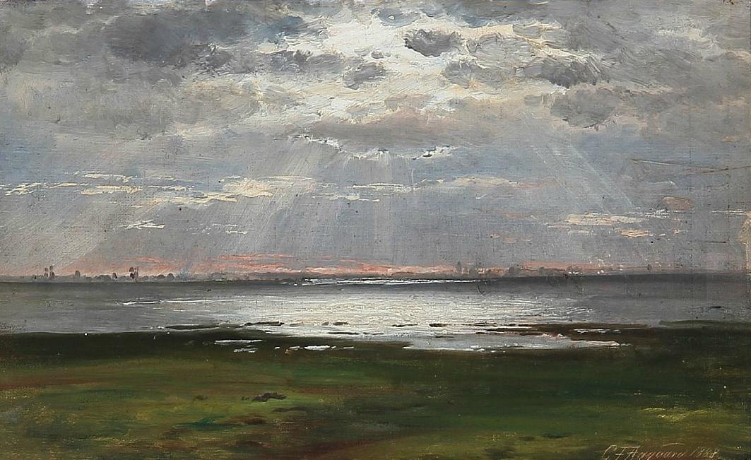 Coastal Landscape at Sunset, vintage artwork by Carl Frederik Aagaard, 12x8" (A4) Poster