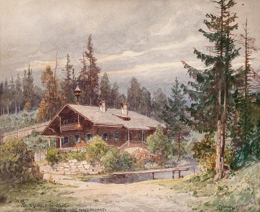 Forest House in the Alps, vintage artwork by Georg Janny, 12x8" (A4) Poster