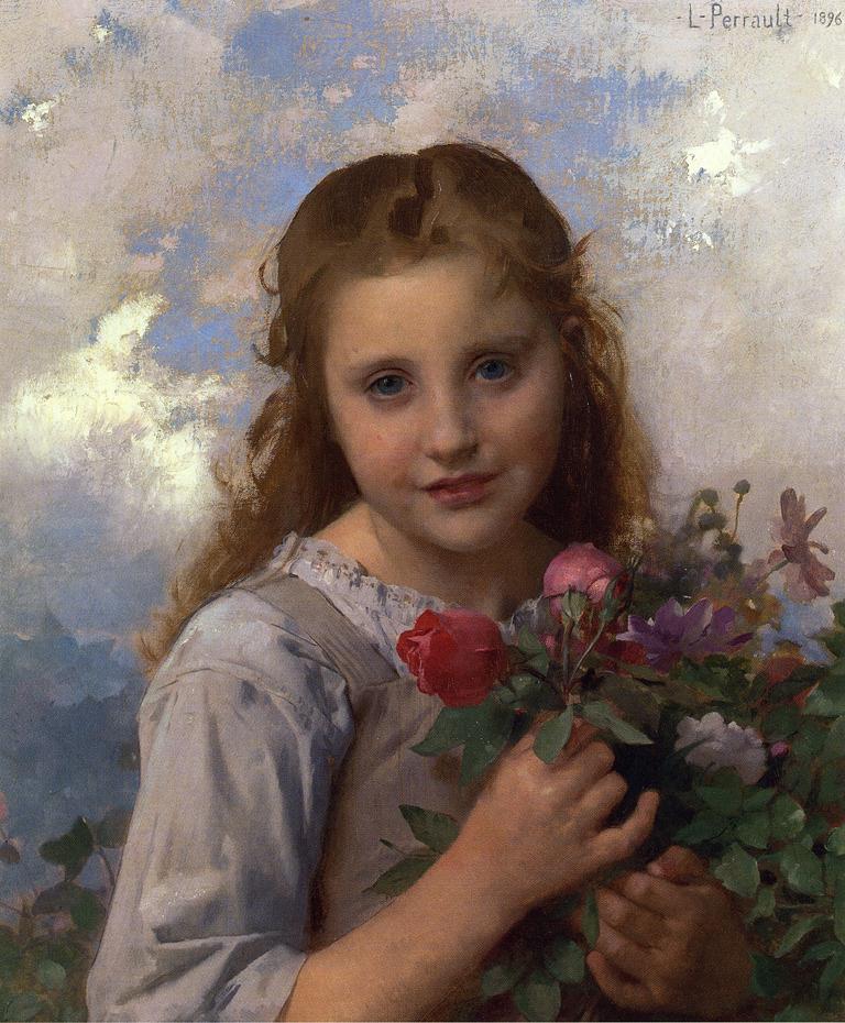 Young Girl with a Bouquet of Flowers, vintage artwork by Leon-Jean-Basile Perrault, 12x8" (A4) Poster