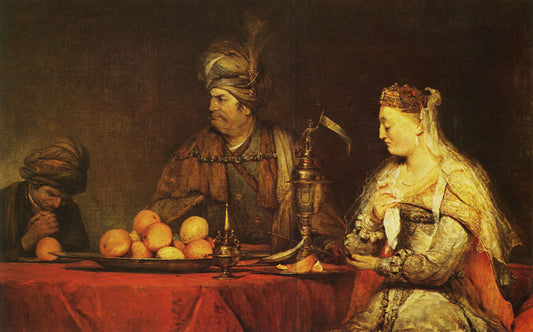 Haman and Ahasuerus at the Feast of Ester, vintage artwork by Aert de Gelder, 12x8" (A4) Poster