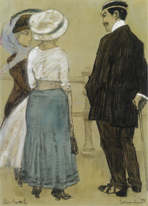 Conversation on the Boulevard, Scheveningen, vintage artwork by Leo Gestel, 12x8" (A4) Poster
