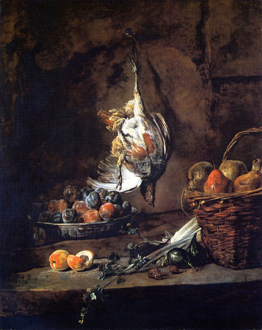 Partridge, Bowl of Plums and Basket of Pears, vintage artwork by Jean-Baptiste-Simeon Chardin, 12x8" (A4) Poster