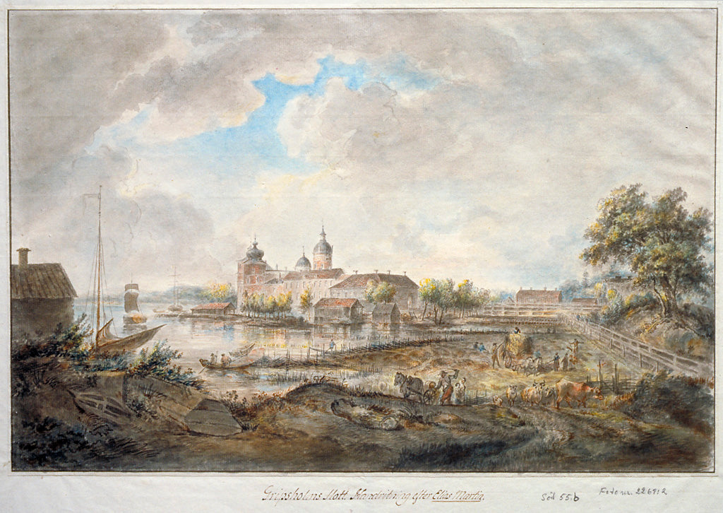 Gripsholm castle outside Mariefred, by  lake Mälaren, vintage artwork by Elias Martin, 12x8" (A4) Poster