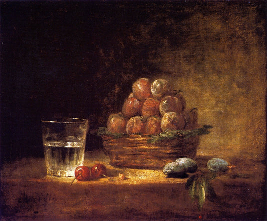 Basket of Plums with a Glass of Water, Two Cherries, a Cherry Stone and Three Green Almonds, vintage artwork by Jean-Baptiste-Simeon Chardin, 12x8" (A4) Poster