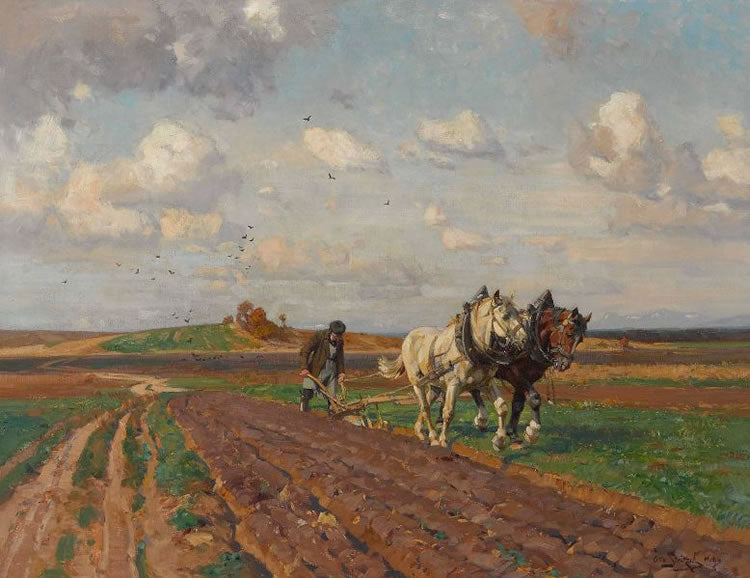 Plowing farmer in the foothills of the Alps by Otto Strutzel,A3(16x12")Poster