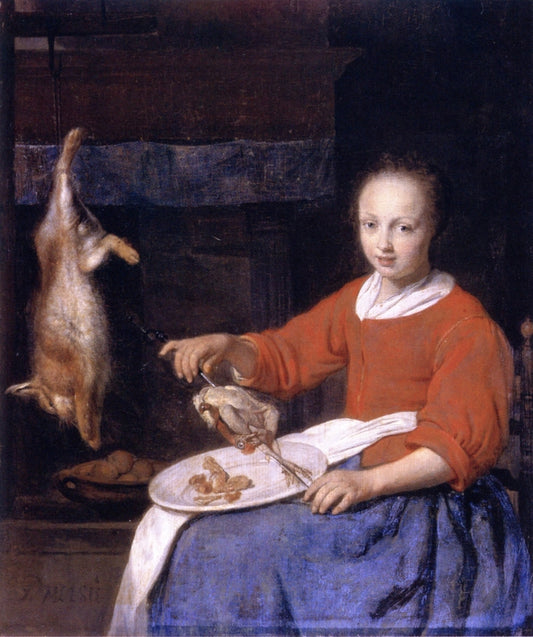 A Kitchen Maid Skewering Poultry, vintage artwork by Gabriël Metsu, 12x8" (A4) Poster
