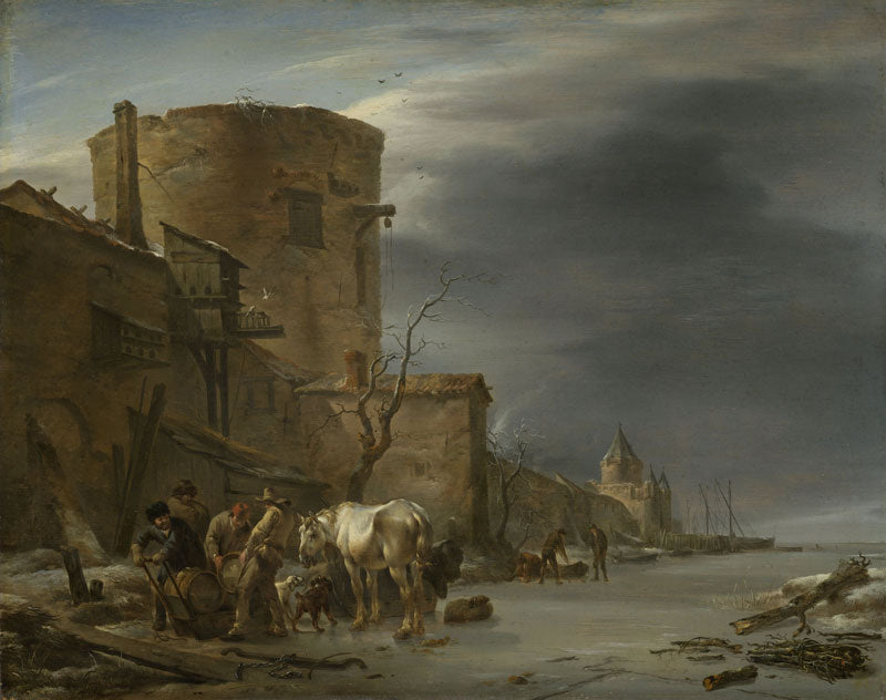 The Ramparts of Haalem in Winter, vintage artwork by Nicolaes Berchem, 12x8" (A4) Poster