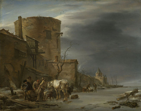The Ramparts of Haalem in Winter, vintage artwork by Nicolaes Berchem, 12x8" (A4) Poster