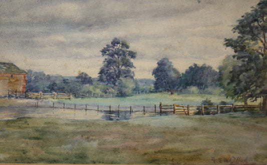 Open Landscape with Wooden Fence and Barn, vintage artwork by Gertrude Elizabeth W. Offord, 12x8" (A4) Poster