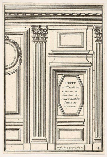 :Door and Part of the Wainscot in the restored Salon of the Trianon Palace plate IV from the Series 'Portes a Placard et Lambris' published as part of 'L'Architecture à la Mode' 17th century, vintage artwork, 16x12"(A3) Poster Print