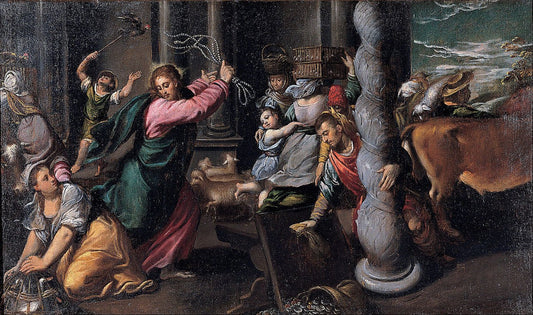 Driving of the merchants from the temple, vintage artwork by Ippolito Scarsella, 12x8" (A4) Poster