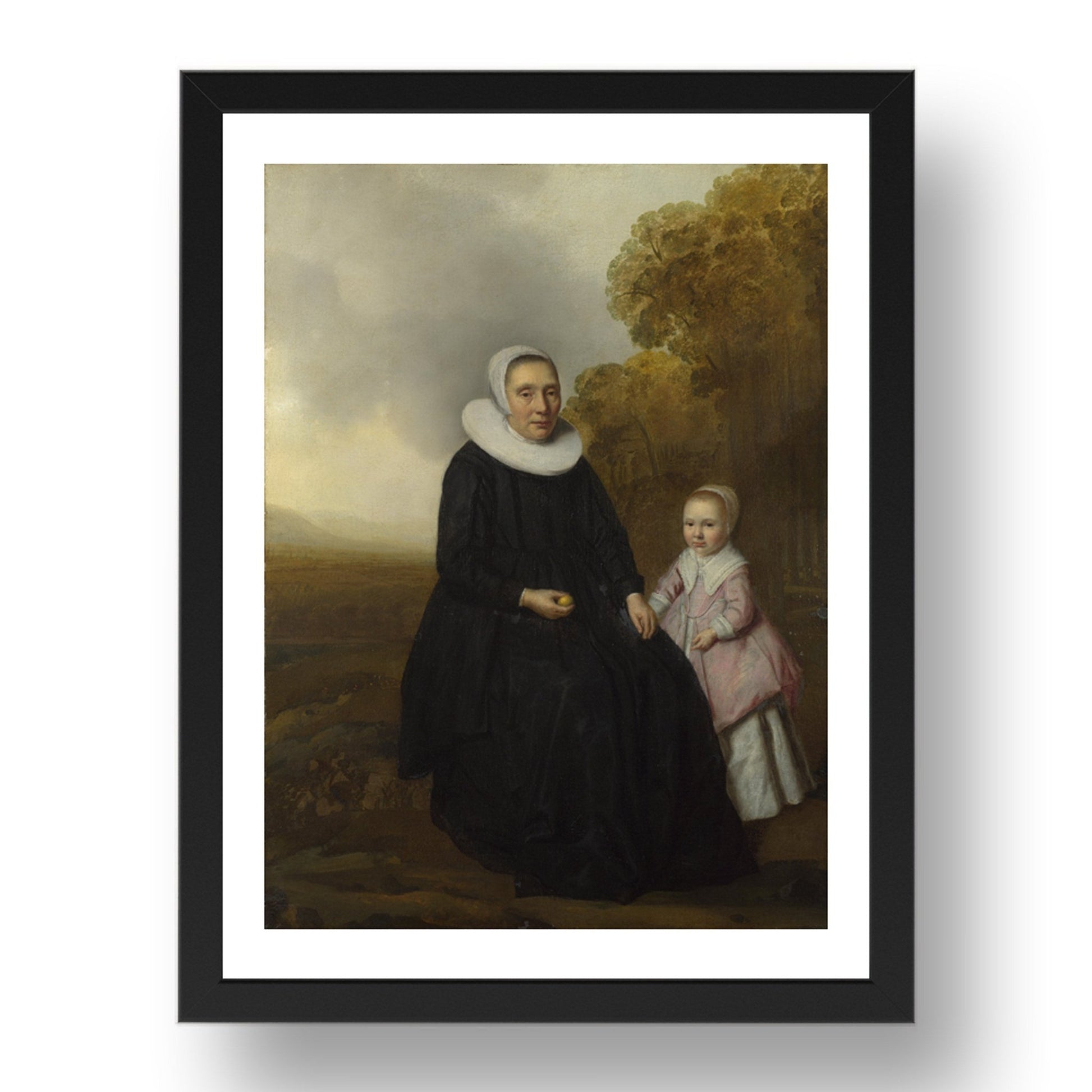 Dutch: Portrait of a Seated Woman and a Girl in a Landscape, Poster in 17x13"(A3) Frame