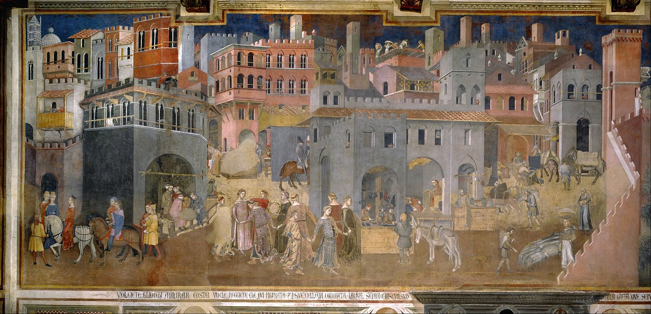 Effects of Good Government in the City, vintage artwork by Ambrogio Lorenzetti, 12x8" (A4) Poster