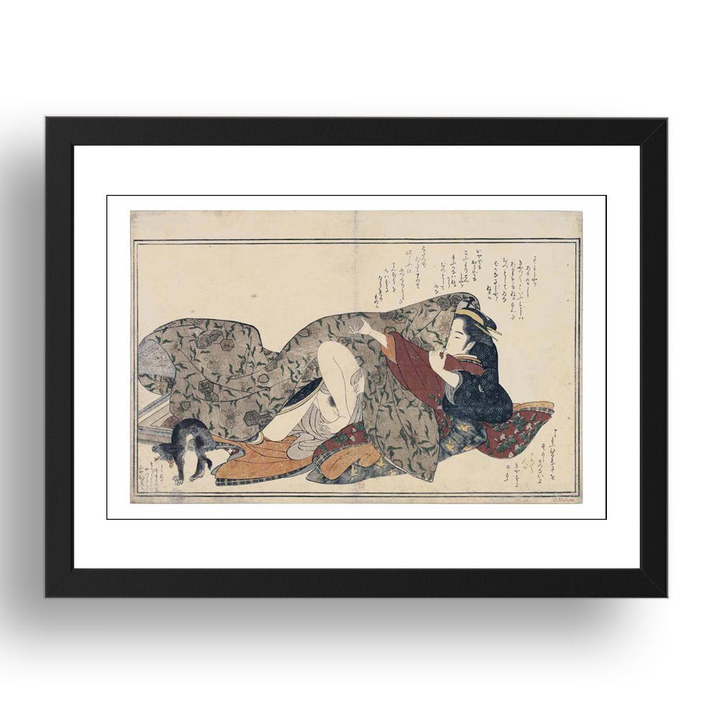 Embracing Couple w cat,  Erotic ukiyo-e  Japanese Shunga, classic artwork in 17x13"(A3) Frame