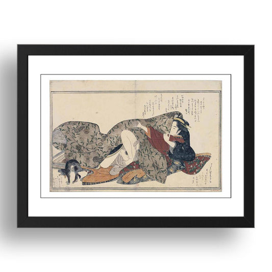 Embracing Couple w cat,  Erotic ukiyo-e  Japanese Shunga, classic artwork in 17x13"(A3) Frame