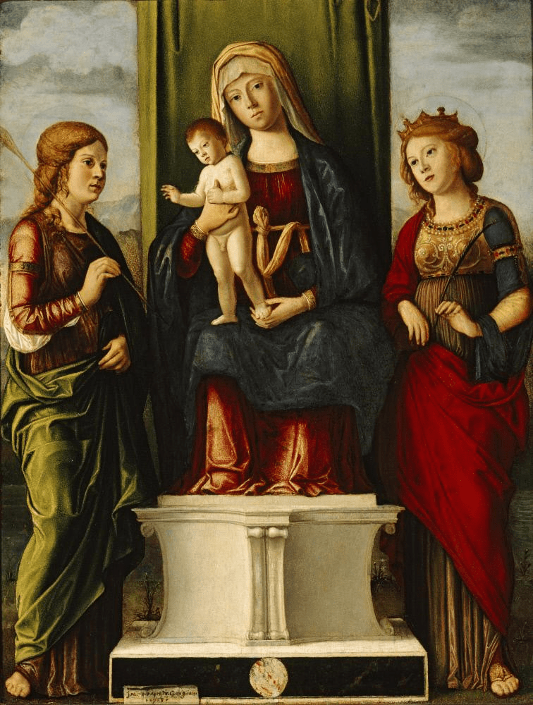 Enthroned Madonna and Child with Two Virgin Martyrs, vintage artwork by Cima da Conegliano, A3 (16x12") Poster Print