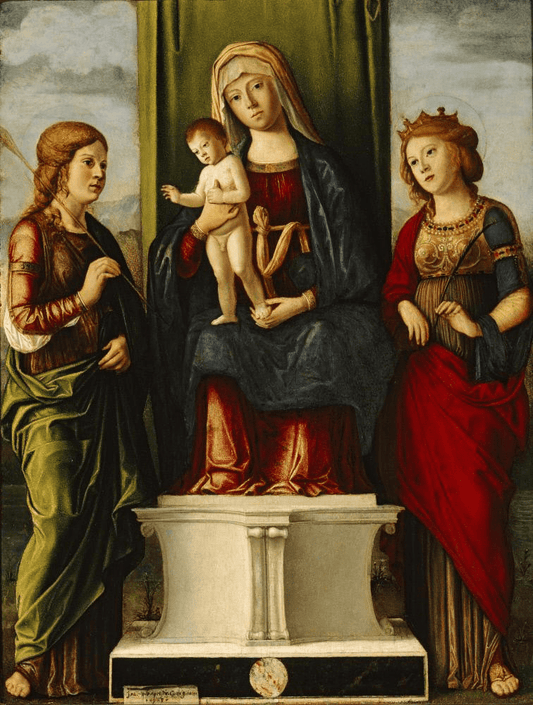 Enthroned Madonna and Child with Two Virgin Martyrs, vintage artwork by Cima da Conegliano, A3 (16x12") Poster Print