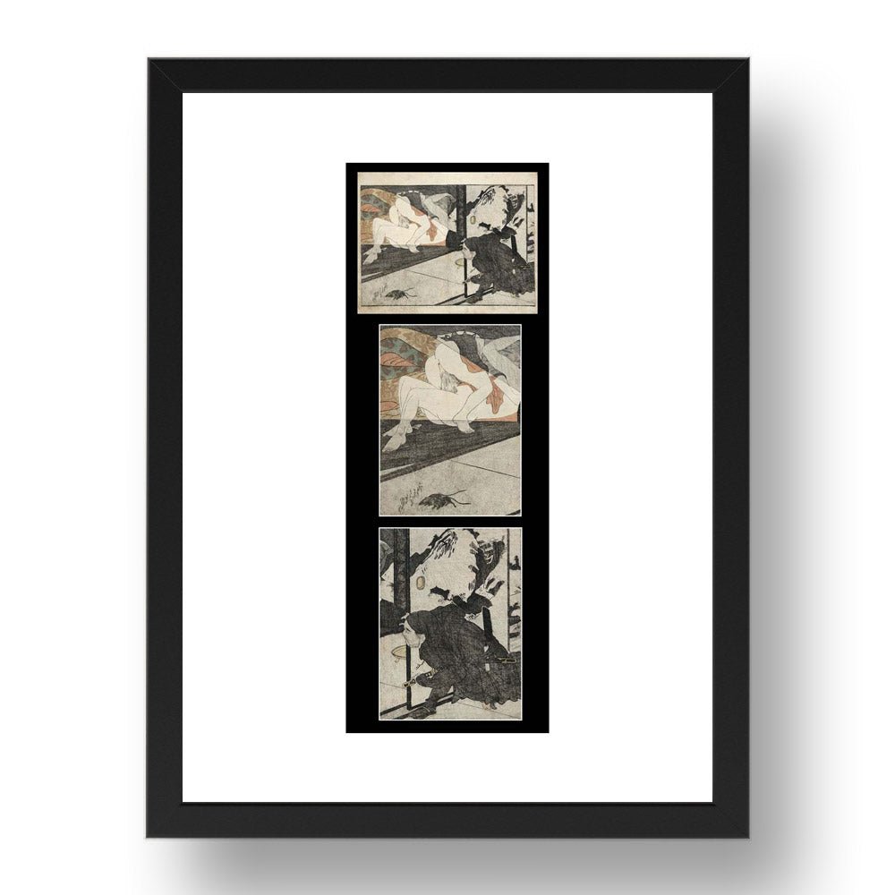 Erotic-spy, lovers triptych, Graphic Erotic ukiyo-e  Japanese Shunga, classic artwork in 17x13"(A3) Frame 