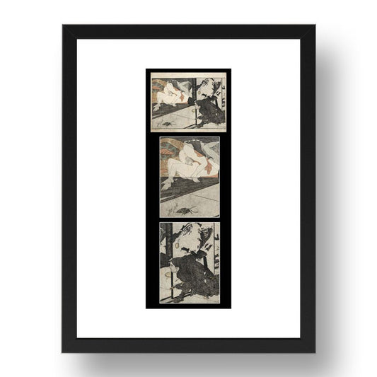 Erotic-spy, lovers triptych, Graphic Erotic ukiyo-e  Japanese Shunga, classic artwork in 17x13"(A3) Frame 
